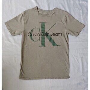 Calvin Klein Jeans Shirt Kids Medium Khaki Green CK Logo Graphic Tee Youth 10 12